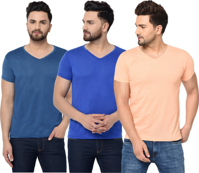 Jangoboy Solid Men V Neck Blue, Orange T-Shirt