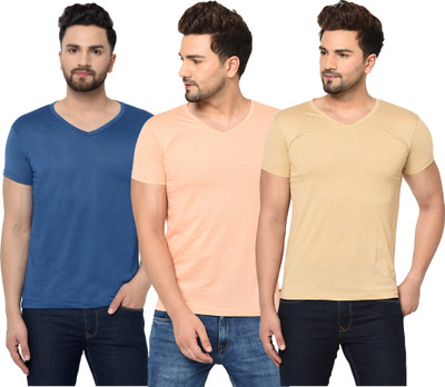 Jangoboy Solid Men V Neck Blue, Pink, Beige T-Shirt