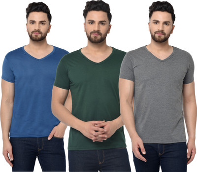 Jaskart Solid Men V Neck Blue, Grey, Light Green T-Shirt