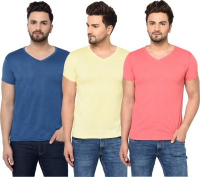 Jaskart Solid Men V Neck Blue, Pink, Yellow T-Shirt