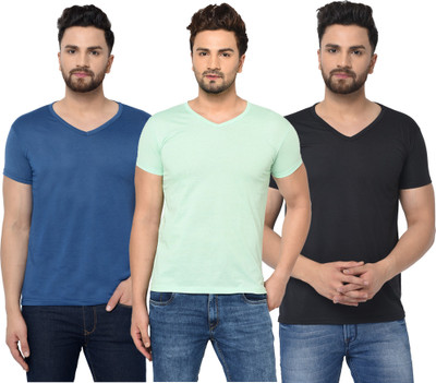 Jangoboy Solid Men V Neck Dark Blue, Black, Light Green T-Shirt
