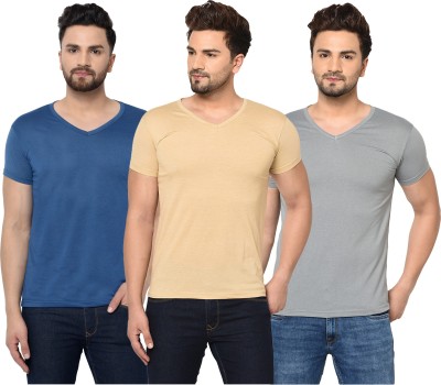 Jaskart Solid Men V Neck Dark Blue, Beige, Grey T-Shirt