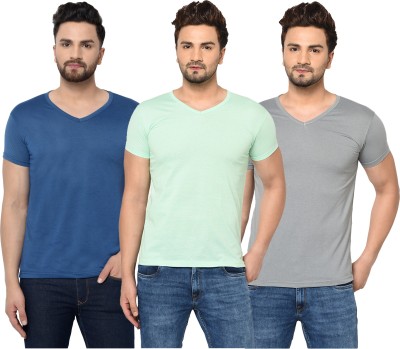 Tivy Solid Men V Neck Dark Blue, Grey, Light Green T-Shirt