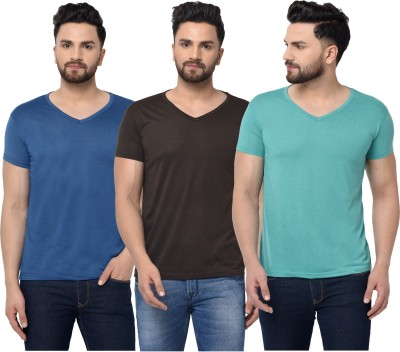 Jaskart Solid Men V Neck Dark Blue, Green, Brown T-Shirt