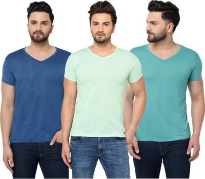 Tivy Solid Men V Neck Green, Blue, Light Green T-Shirt