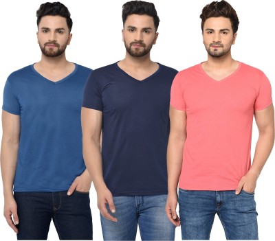 Tivy Solid Men V Neck Dark Blue, Pink T-Shirt