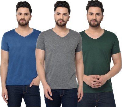 Tivy Solid Men V Neck Dark Green, Blue, Grey T-Shirt