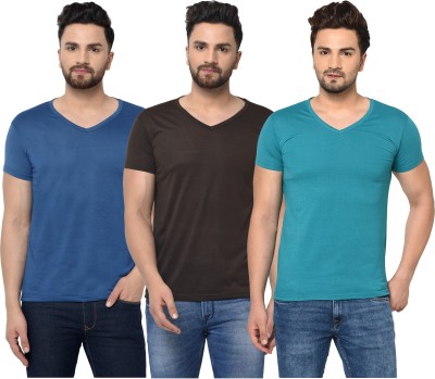 Jaskart Solid Men V Neck Light Blue, Brown, Blue T-Shirt