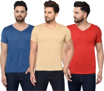 Jangoboy Solid Men V Neck Red, Blue, Beige T-Shirt