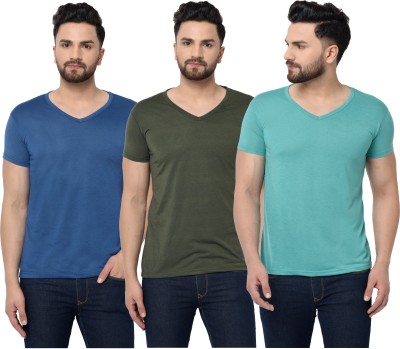 Jaskart Solid Men V Neck Green, Blue T-Shirt