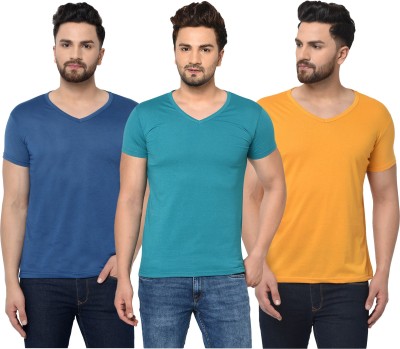 Jaskart Solid Men V Neck Green, Blue, Yellow T-Shirt