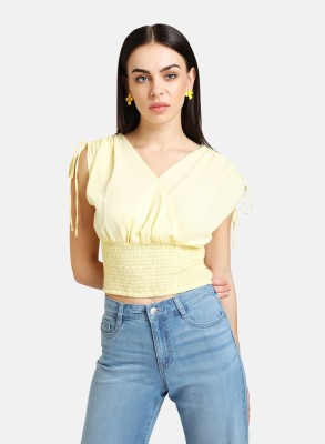 KAZO Casual Cap Sleeve Solid Women Yellow Top