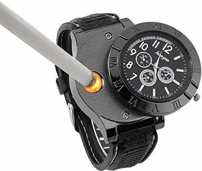 Huayue Metal Body Heavy Weight Quartz Movement Watch Comes In Beautiful Gifting Box- Perfect Gift For Cigarette Lovers Black Dial Chronograph Looks Analogue Men Wrist Watch | Durable Rubber Strap Wrist Watch Cum Rechargeable Flameless Lighter |Micro USB Charging Cable Included Cigarette Lighter(Blac