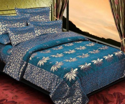 HOMIMPEX 550 TC Velvet Double Abstract Flat Bedsheet(Pack of 1, Blue,Gold)