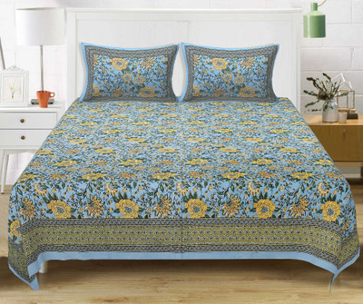 Texstylers 220 TC Cotton Queen Jaipuri Prints Flat Bedsheet(Pack of 1, Yellow & Green)