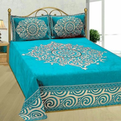 HOMIMPEX 550 TC Velvet Double Abstract Flat Bedsheet(Pack of 1, Blue,Beige)