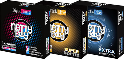 NottyBoy Extra Time, Ribbed, Extra Dotted and Plain Lubricated Condom(Set of 3, 3 Sheets) Flipkart