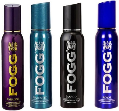 FOGG Paradise 120 ML + Majestic 120 ML + Marco 120 ML + Royal 120 ML ( 120 ml, Pack of 4 ) Deodorant Spray  -  For Men & Women(120 ml, Pack of 4)
