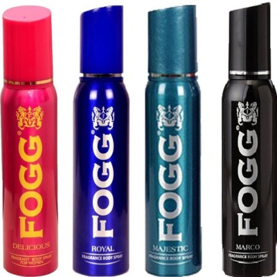 FOGG Delicious 120ml + Royal 120ml + Majestic 120ml + Marco 120ml(Pack of 4) Deodorant Spray  -  For Men & Women(120 ml, Pack of 4)