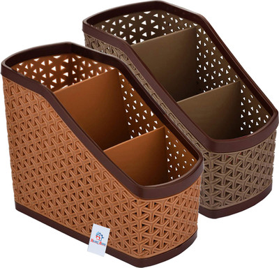 Heart Home 3 Compartments Plastic Pen Pencil Holder(Brown & Beige)