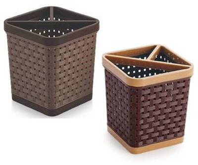 rimi 3 Compartments Plastic Pen Stand(Brown, Beige)