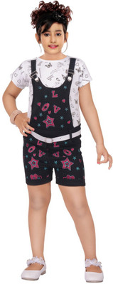 Raven Creation Dungaree For Girls Casual Printed Denim(Black, Pack of 1)