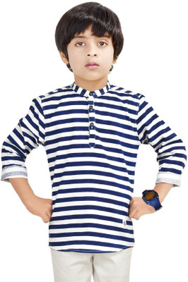 Paper Crane Boys Striped Straight Kurta(Blue)