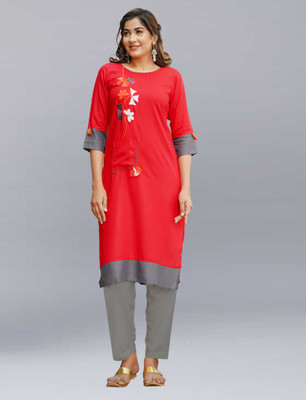 FANCIFY Women Embroidered Straight Kurta(Red)