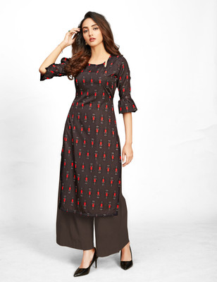 TexStile Women Printed Straight Kurta(Black)