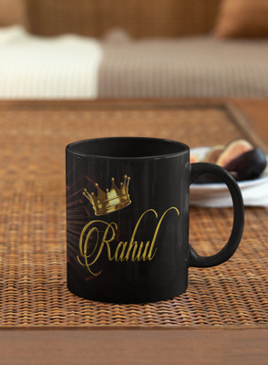 BlueBells Gifting Golden name Rahul name Printed on Black Ceramic Ceramic Coffee Mug(325 ml)