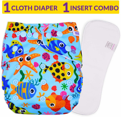 Bembika A Plus Printed Cloth Diapers for Babies, Washable Reusable, Adjustable Sizes with 4 Layer Dry Feel Insert (Fish Doodle)