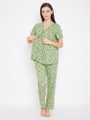 Clovia Women Floral Print Green Top & Pyjama Set