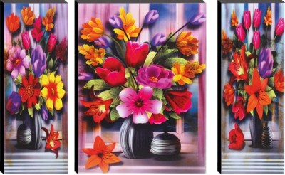 Indianara 3 PC SET OF MULTICOLORED FLORAL MDF PAINTING (3162 FL) WITHOUT GLASS Digital Digital Reprint 12 inch x 18 inch Painting(Without Frame, Pack of 3)