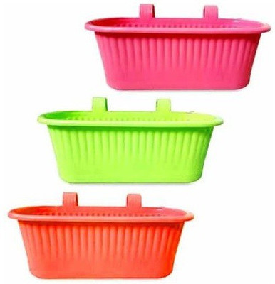 Clastik Double Hook Flower Pots, Garden Planters Railing Pots Virgin Plastic Hanging Plant Container Set(Pack of 3, Plastic)