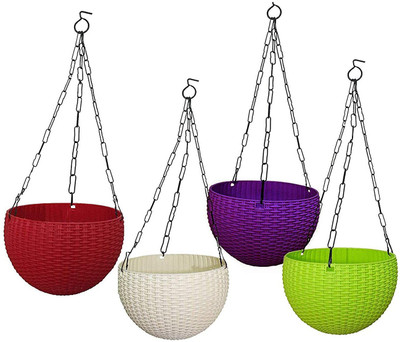 Funtastik Round Rattan Woven Plastic Flower Hanging Planter/Beautiful Round Gamla Pot/Flower Hanging Pot for Garden Balcony Plant Container Set(Pack of 4, Plastic)