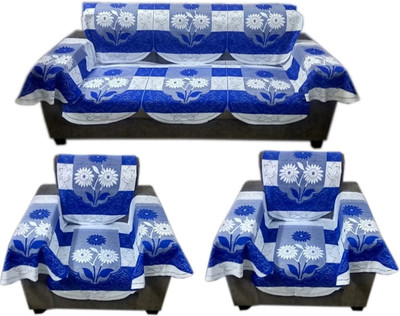 croox Cotton 3+1+1 Seater Sofa Floral Cover(Pack of 12 Blue, White)