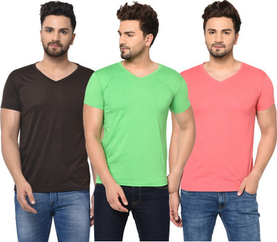 Jangoboy Solid Men V Neck Green, Blue, Pink T-Shirt