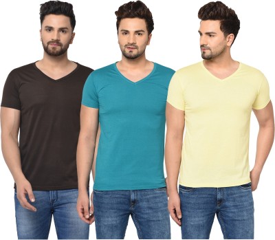 Tivy Solid Men V Neck Light Blue, Black, Yellow T-Shirt