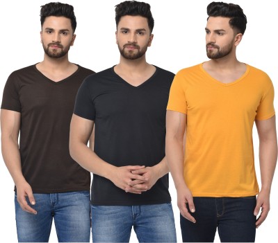 Jaskart Solid Men V Neck Brown, Black, Yellow T-Shirt