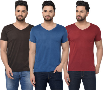 Adorbs Solid Men V Neck Brown, Maroon, Blue T-Shirt