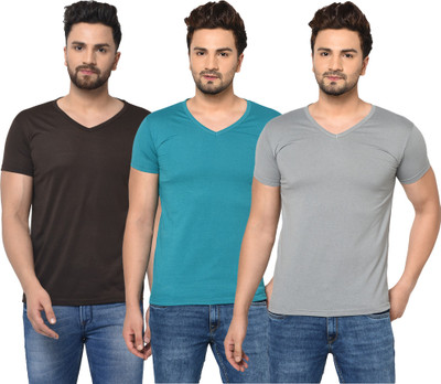 Jangoboy Solid Men V Neck Brown, Blue, Grey T-Shirt