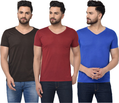 Adorbs Solid Men V Neck Red, Brown, Blue T-Shirt