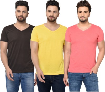 Jangoboy Solid Men V Neck Brown, Pink, Yellow T-Shirt