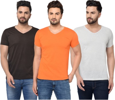 Tivy Solid Men V Neck Brown, Orange, Grey T-Shirt