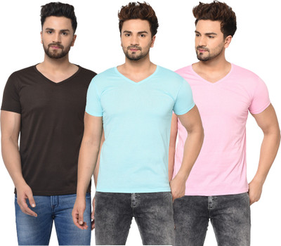 Jangoboy Solid Men V Neck Blue, Black, Pink T-Shirt