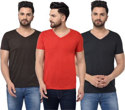 Tivy Solid Men V Neck Red, Brown, Black T-Shirt