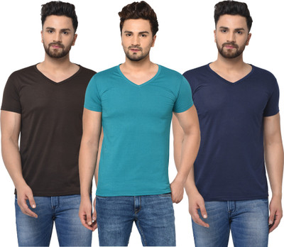 Jangoboy Solid Men V Neck Blue, Brown T-Shirt