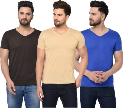 Tivy Solid Men V Neck Brown, Blue, Beige T-Shirt