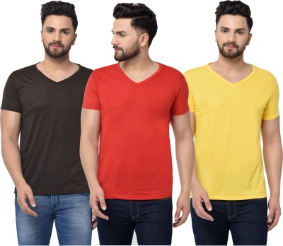 Bribzy Solid Men V Neck Red, Black, Yellow T-Shirt