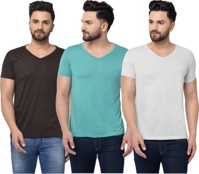 Jaskart Solid Men V Neck White, Brown, Blue T-Shirt